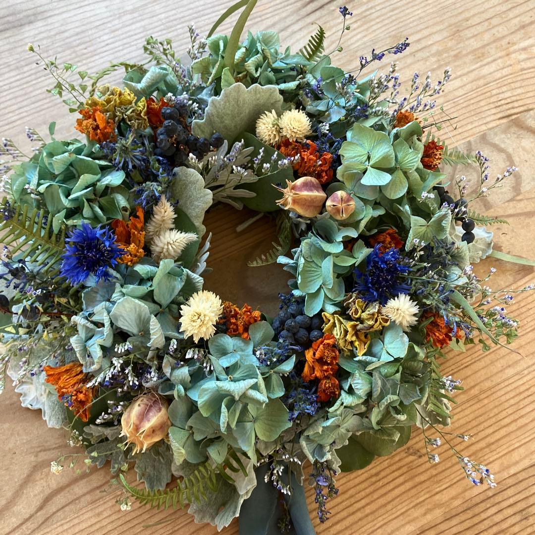 感謝SALEアンティーク紫陽花のブルーオレンジリース　矢車菊　ブルーファンタジア