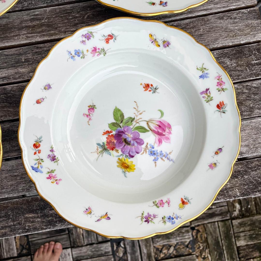 値下げマイセン 昆虫スーププレート深皿フラワーブーケ 23cm 金彩 6枚 1級