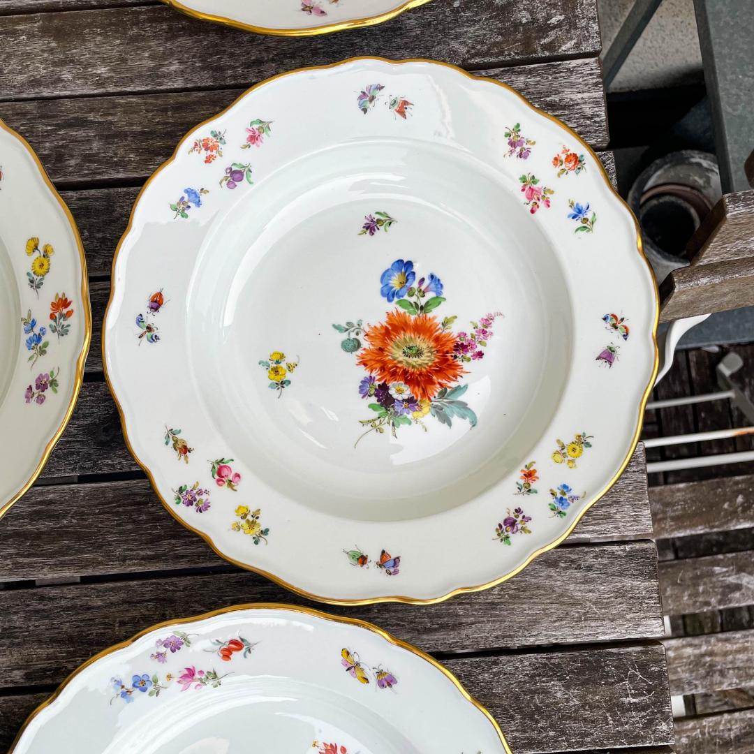 値下げマイセン 昆虫スーププレート深皿フラワーブーケ 23cm 金彩 6枚 1級