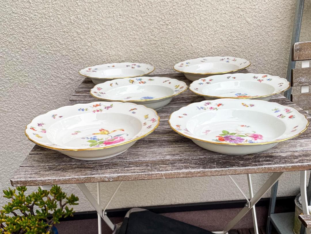 値下げマイセン 昆虫スーププレート深皿フラワーブーケ 23cm 金彩 6枚 1級