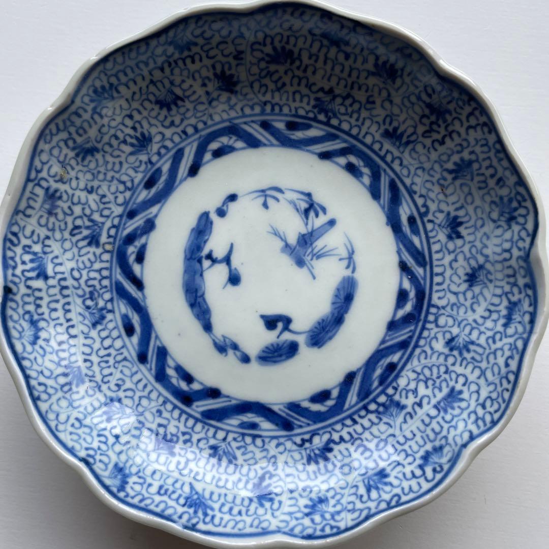 古伊万里・染付「成化年製 微塵唐草文様なます皿」三客