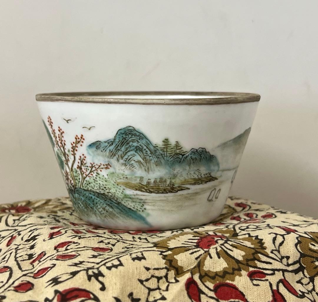 古美術• 手描粉彩山水人物水盂•【大清道光年製】在銘 • 時代物　XG55
