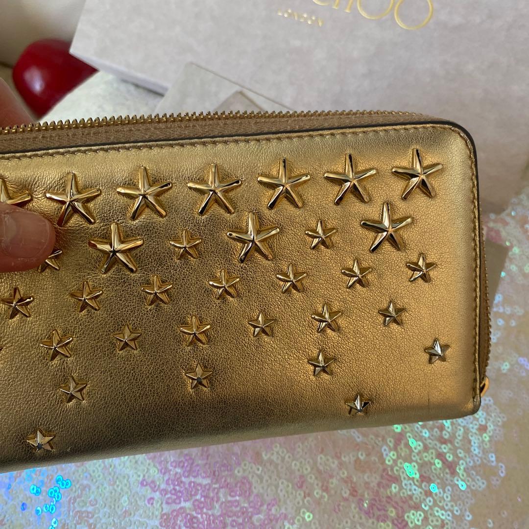 美品　ジミーチュウ　ゴールド長財布ラウンドファスナー　スタースタッズ