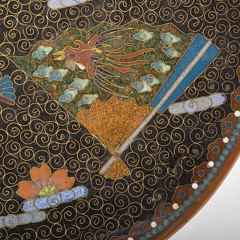 中国　古七宝琺瑯彩　鶴文瓶　扇子文盤　花瓶　皿　2点まとめて　M　R5802