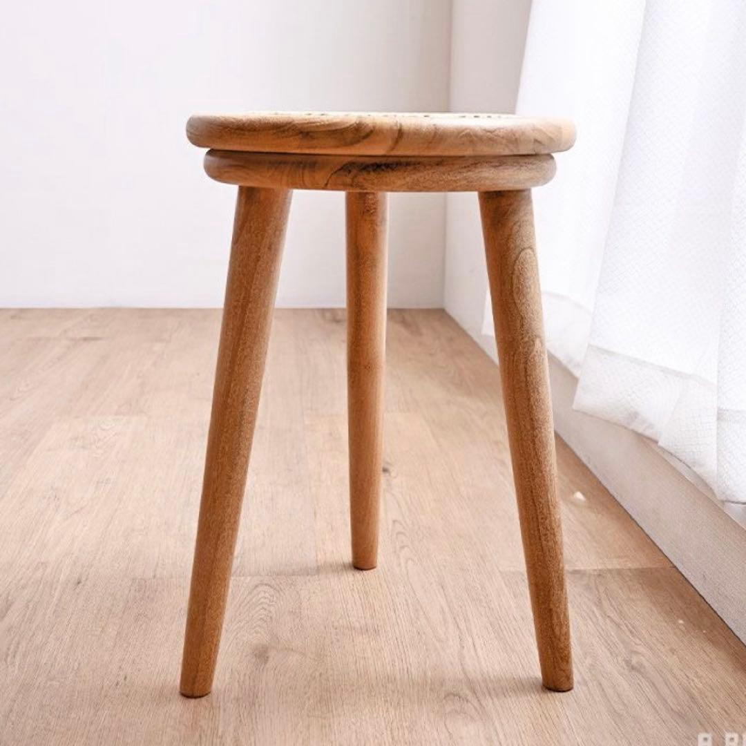 チーク無垢材×ラタン 丸スツール