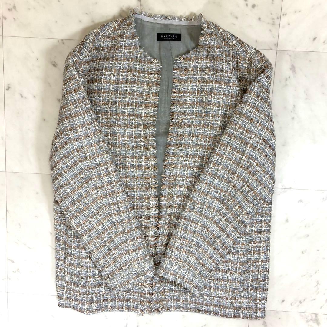 美品 マカフィー トゥモローランド 金子綾 ノーカラーツイードジャケット 大きめ