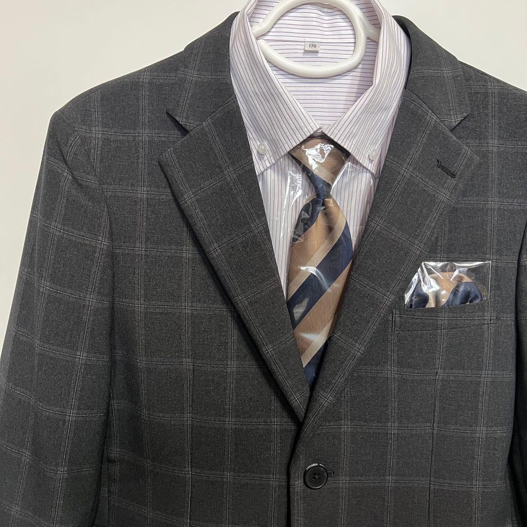 【美品】式典用170 墨黒グレーチェック　ワンダーファクトリー 卒服5点セット