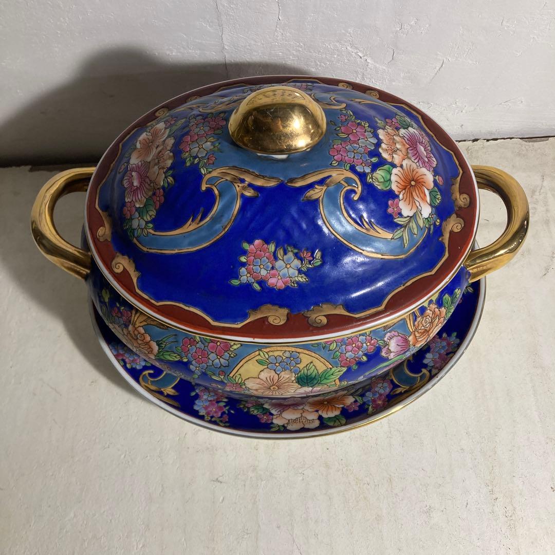 景徳鎮 乾隆年製 中国 大型 蓋付き碗 シチュー器 金彩 色絵磁器 古食器
