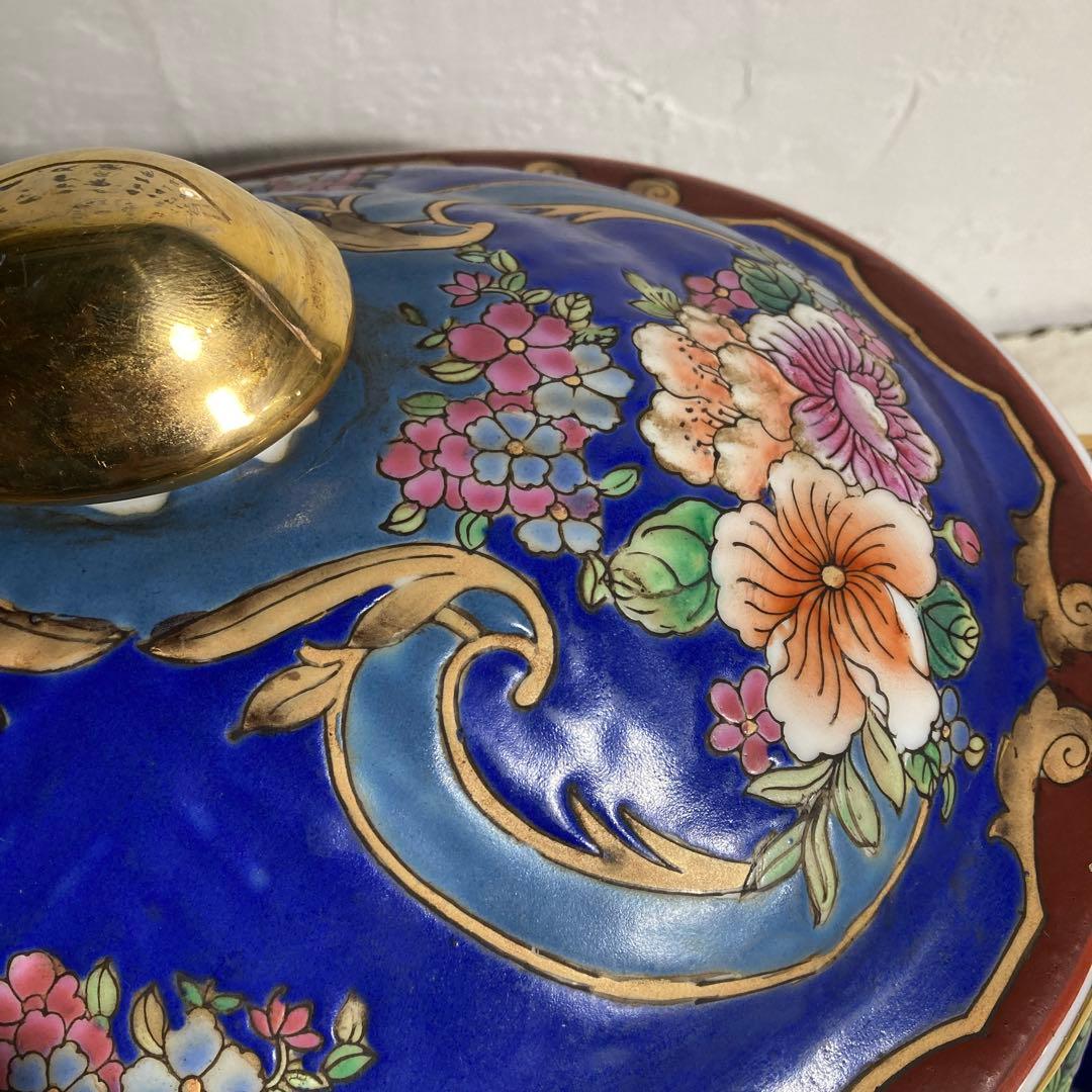 景徳鎮 乾隆年製 中国 大型 蓋付き碗 シチュー器 金彩 色絵磁器 古食器