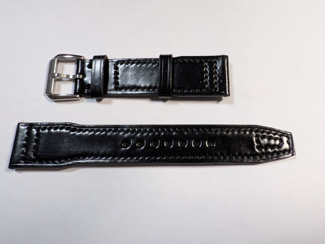 最高級シェルコードバン/ブラック/ 時計ベルト ステッチ入り/20mm