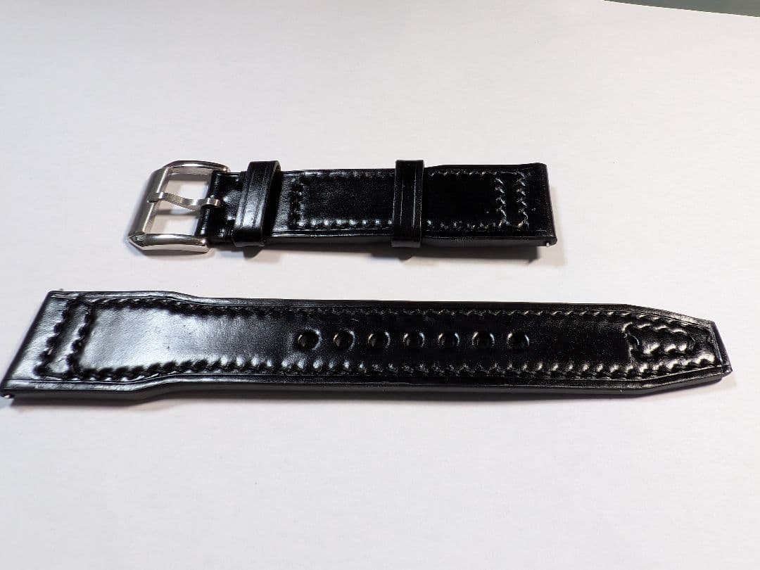 最高級シェルコードバン/ブラック/ 時計ベルト ステッチ入り/20mm