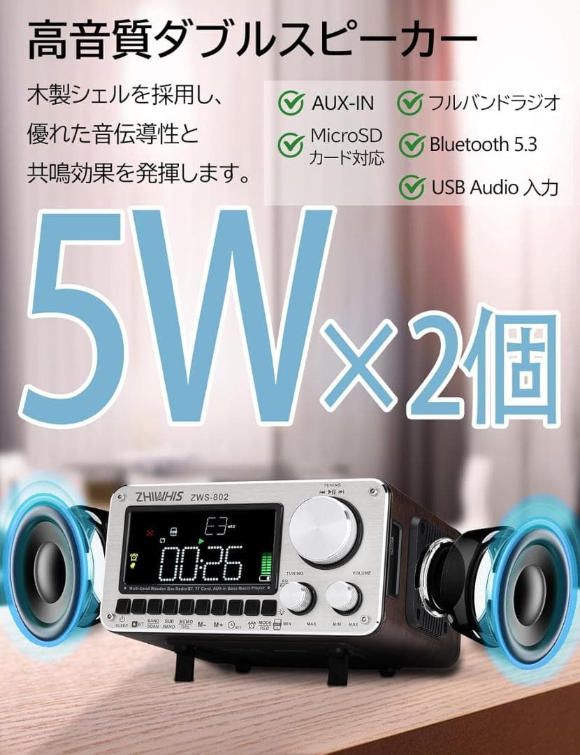 ZHIWHIS Bluetoothスピーカー ウッドケースラジオ リピーター付