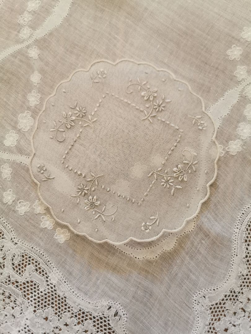 アンティーク シアーなピーニャクロス 小花の手刺繍 フラワーリムプチドイリーα