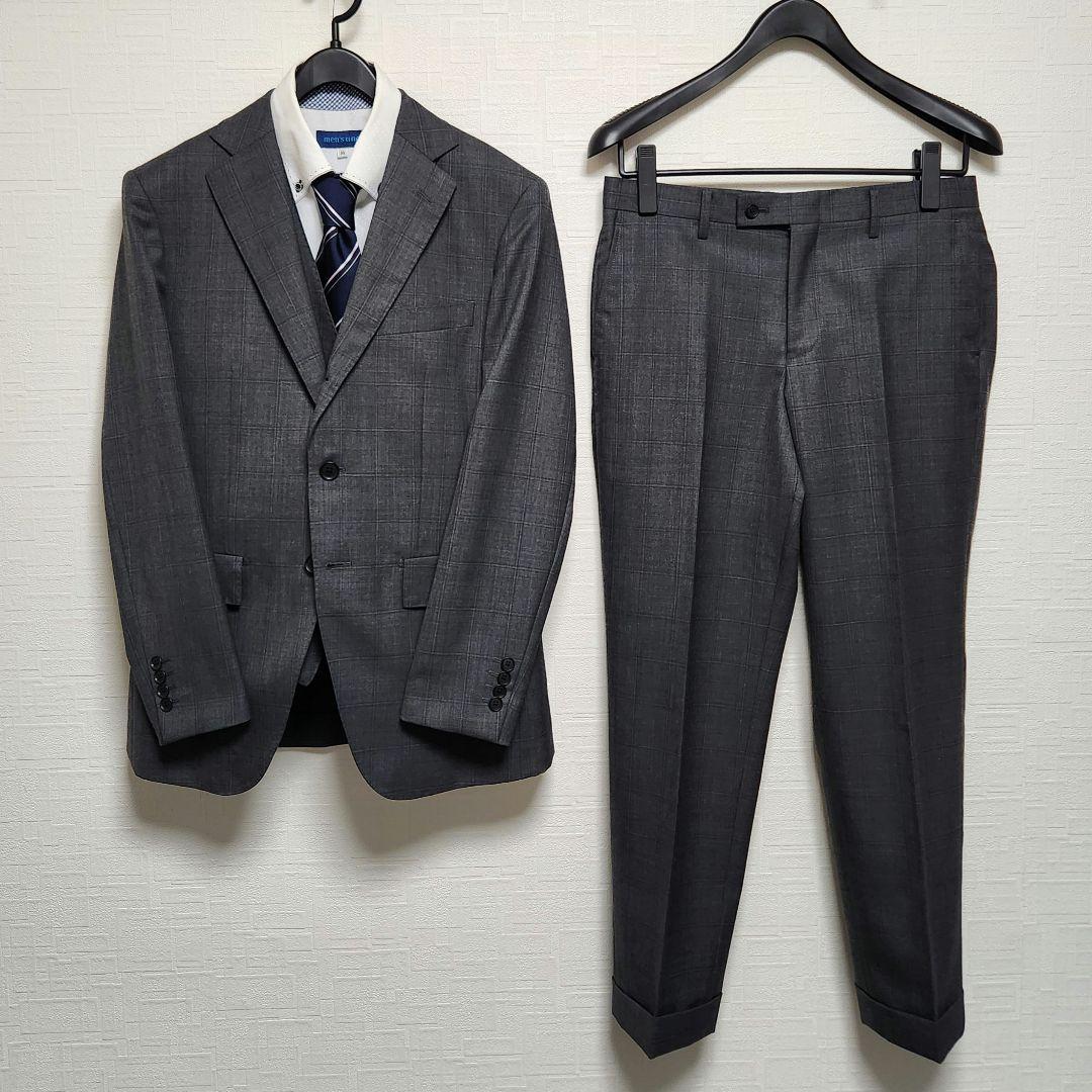 オリヒカ　メンズ　スーツ　スリーピース　グレー　チェック　ストレッチ　標準体型