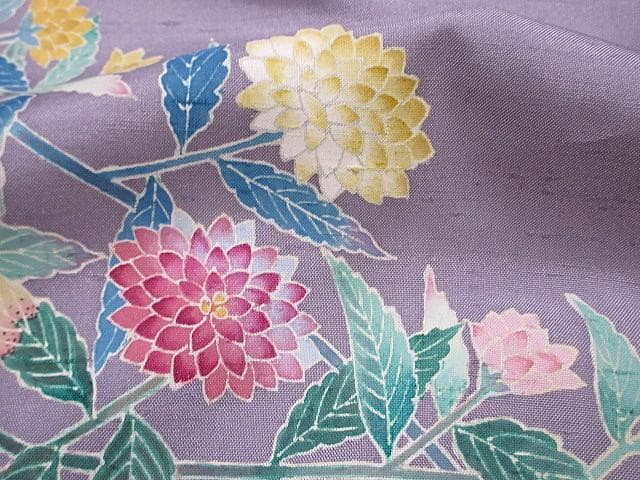 訪問着：本加賀友禅「西尾翠峰」花柄：藤色の白山紬：美品-袷正絹：P38