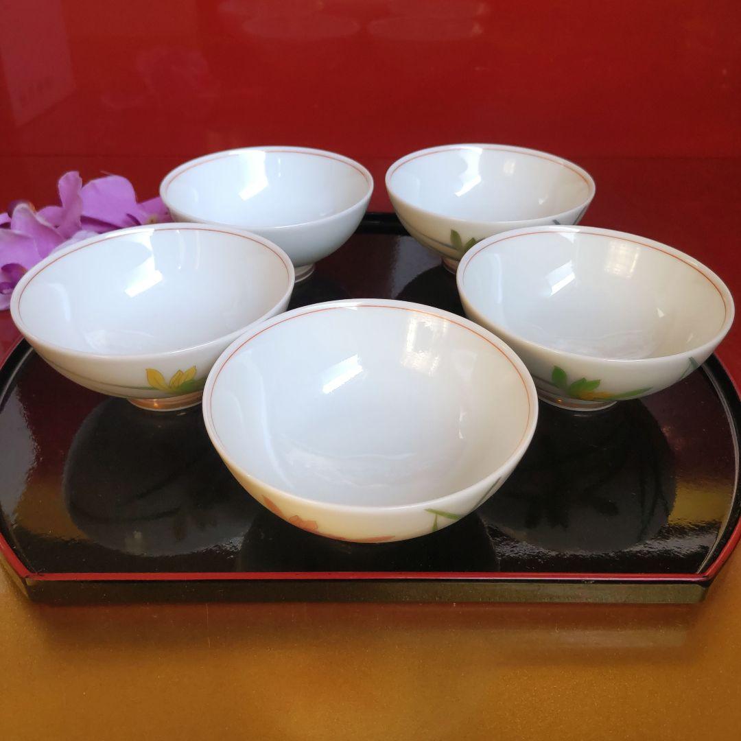 香蘭社　色変わり　ご飯茶碗　飯碗　金彩春蘭　５客　箱入り　しおり付　宮内庁御用達