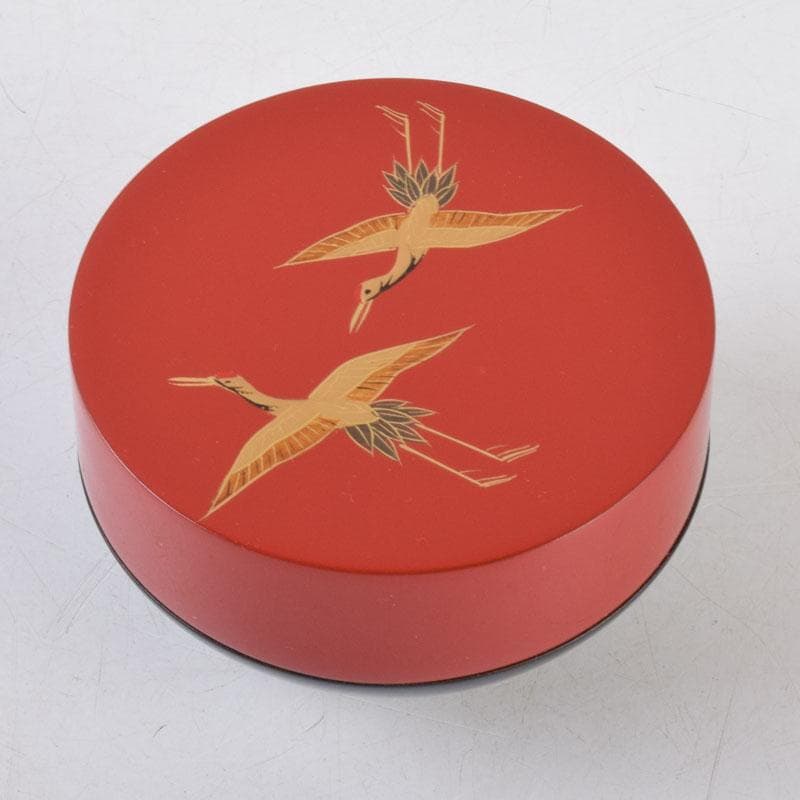 茶道具　中村湖彩作　鶴蒔絵　黒赤茶器　共箱　V　8582