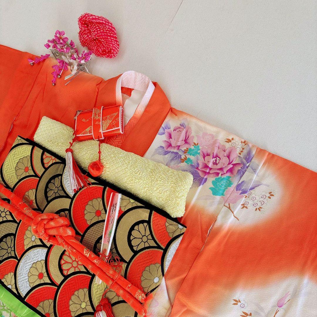 セット　七五三７歳女の子　簡単半衿　オレンジ地　52328