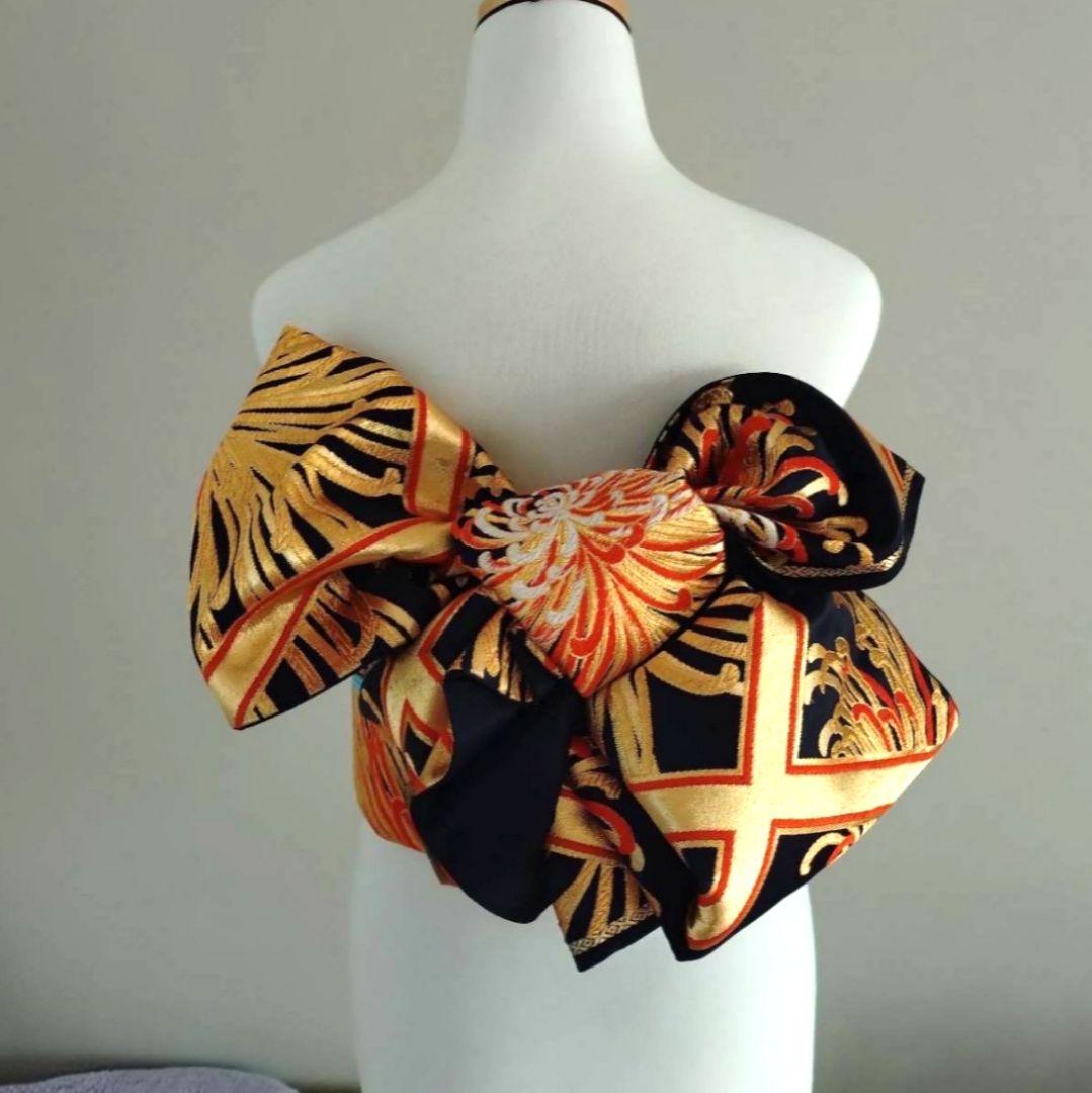 一部式作り帯　振袖用　格子に乱菊　胴巻き～90㎝　十三参りにも　正絹　黒色　金色