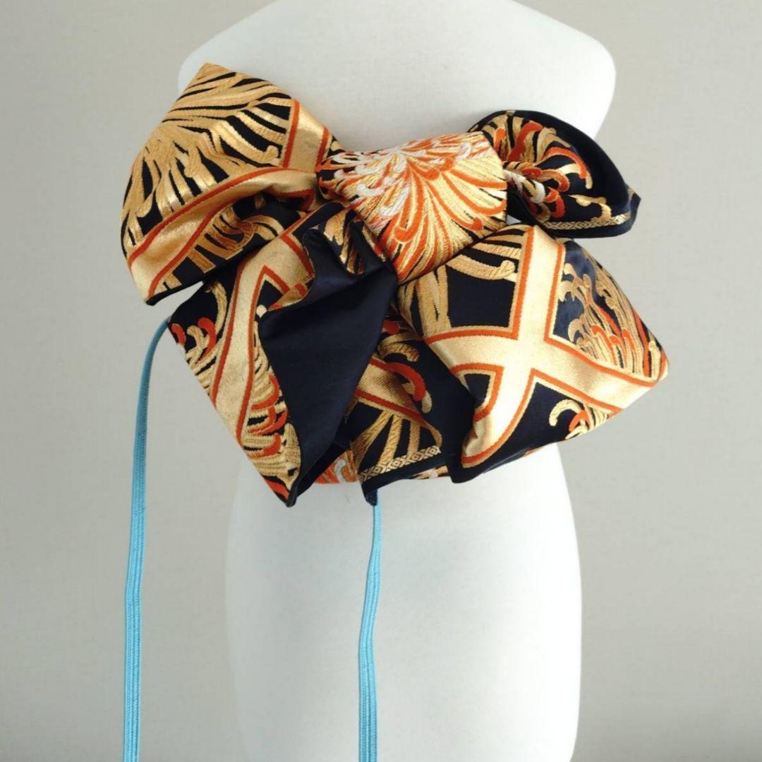 一部式作り帯　振袖用　格子に乱菊　胴巻き～90㎝　十三参りにも　正絹　黒色　金色