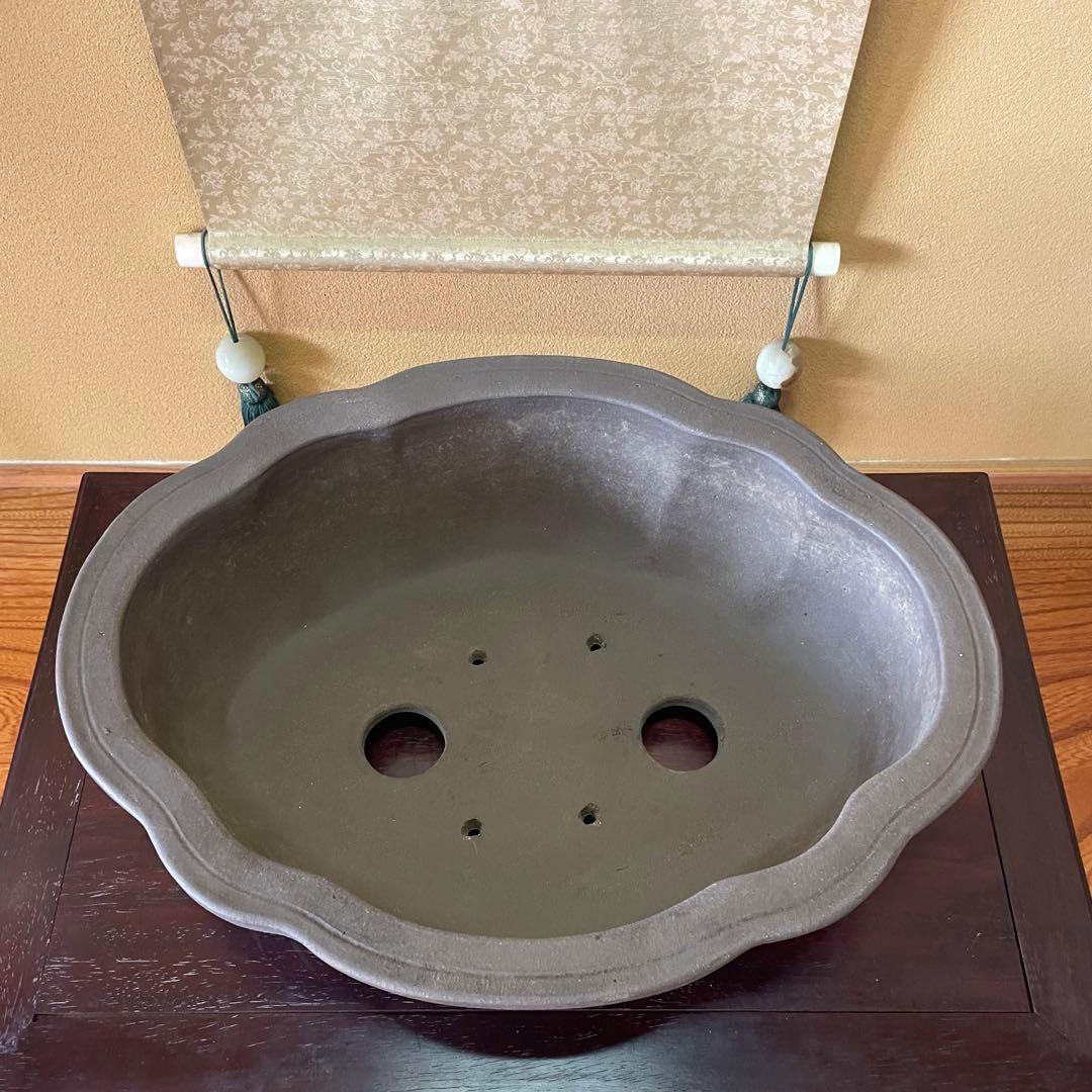 中国宜興 紫砂 木瓜下帯花足 烏泥盆栽鉢 真柏盆栽 MADE IN YIXING