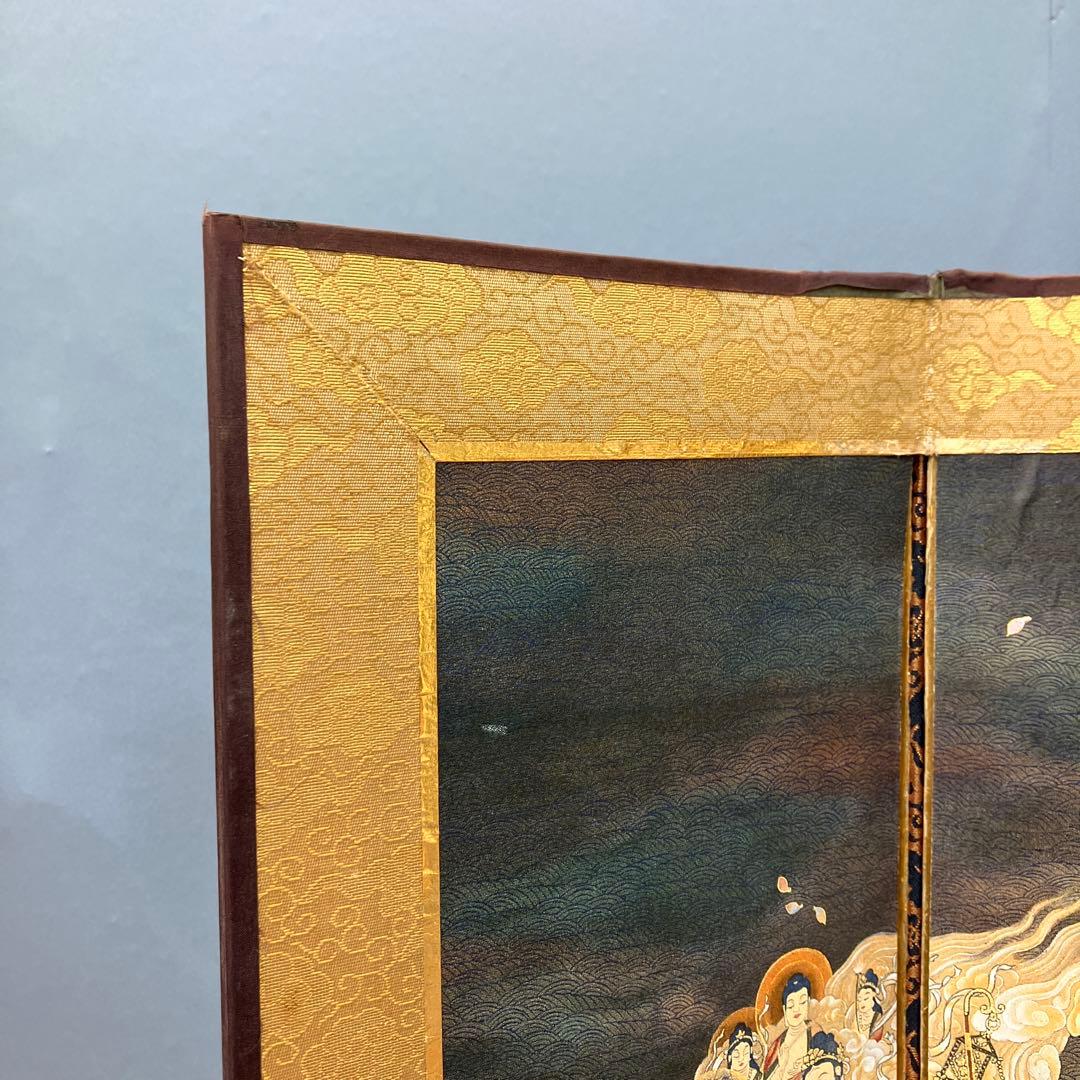 昭和レトロ 仏教美術 阿弥陀二十五菩薩来迎図 三つ折り屏風 金彩 縁起物