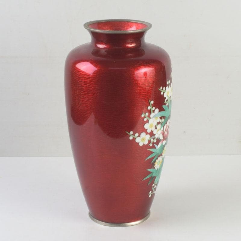 七宝焼　赤透釉　四君子文　花瓶　V　9699A