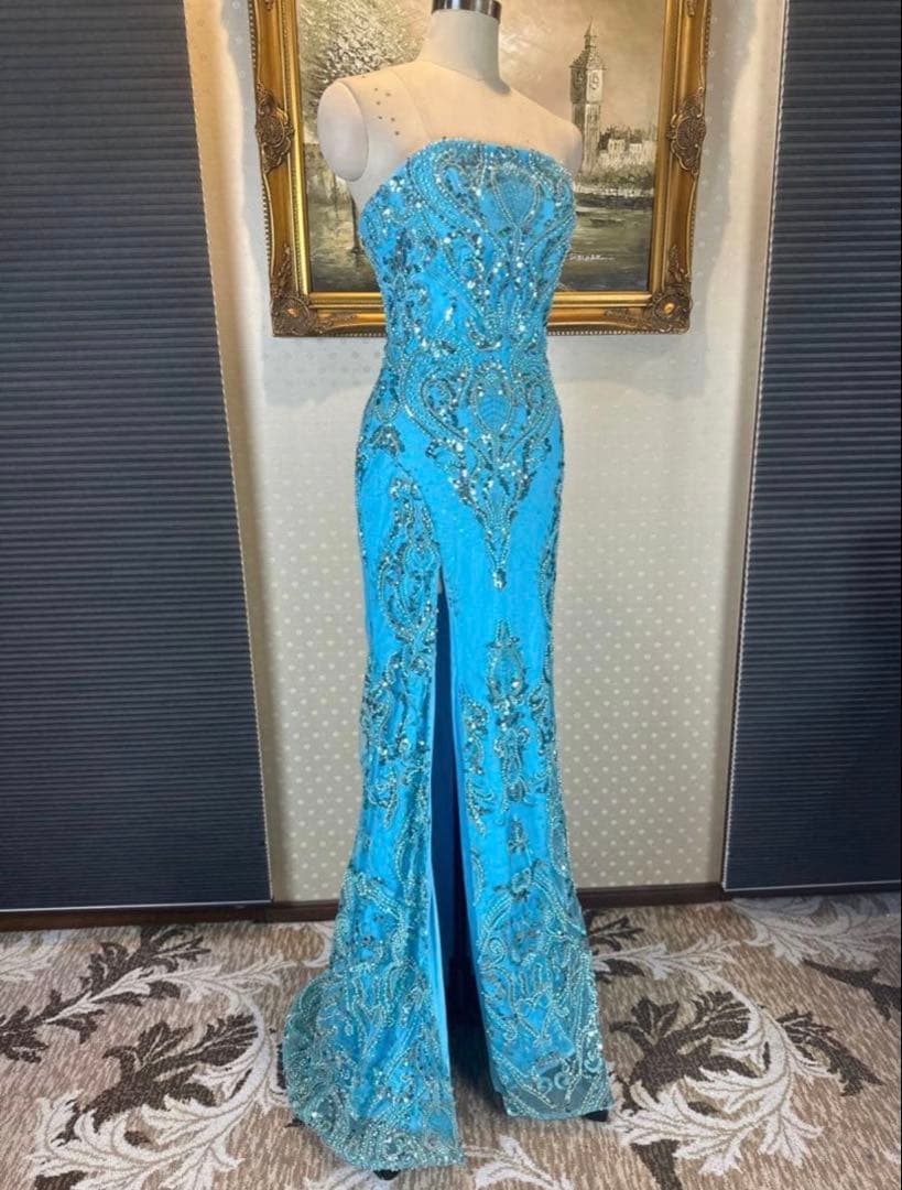 水色 ストラップレス ロングドレス