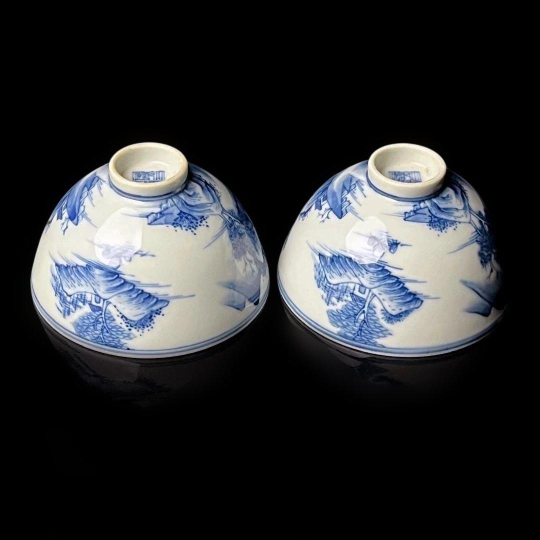 唐物 青花楼閣山水人物紋碗 一対 大清乾隆年製 款 煎茶碗 美術古玩 SH28