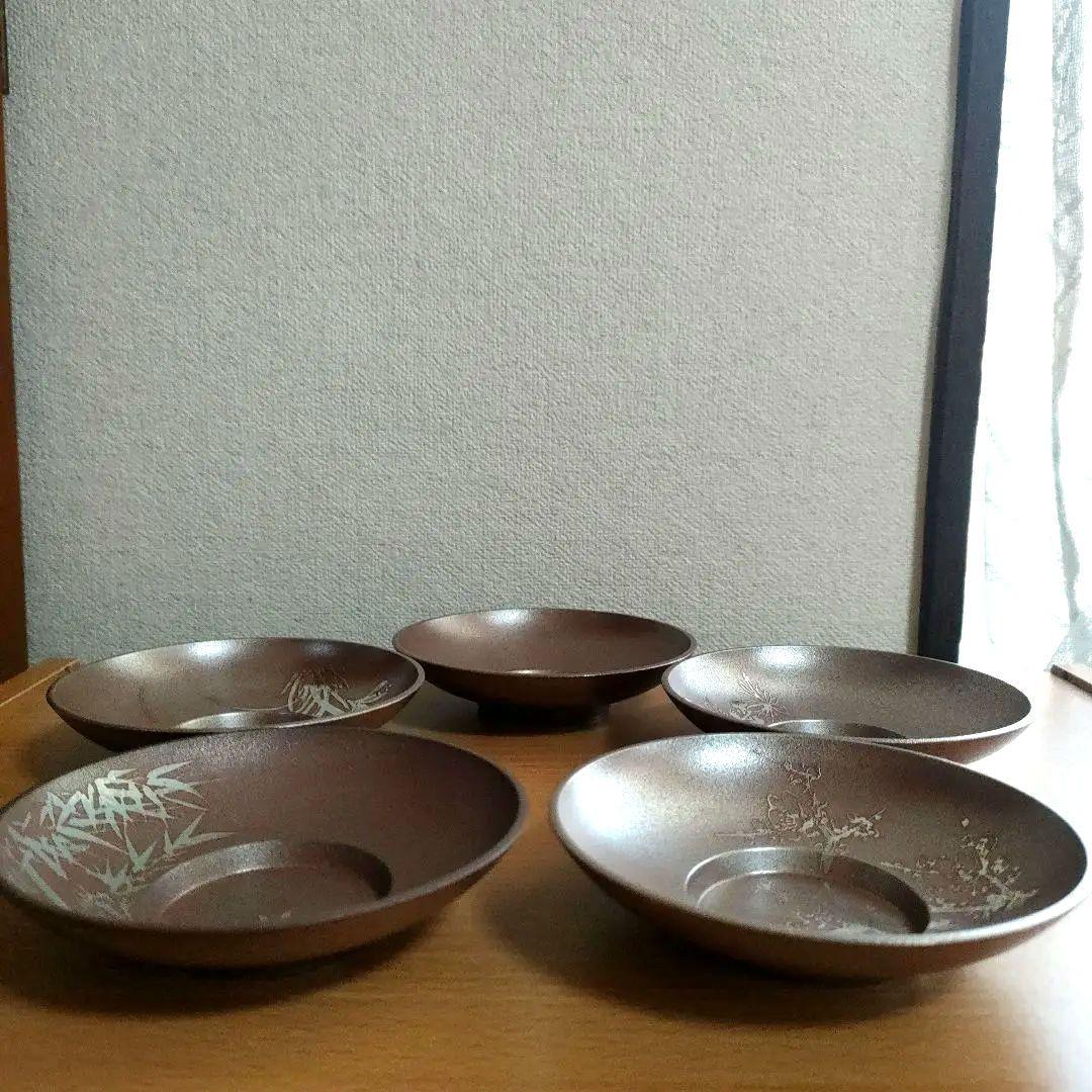 〈未使用〉錫　茶托　錫師　松下喜山作　煎茶道具　5客セット　木箱入り【T-6】