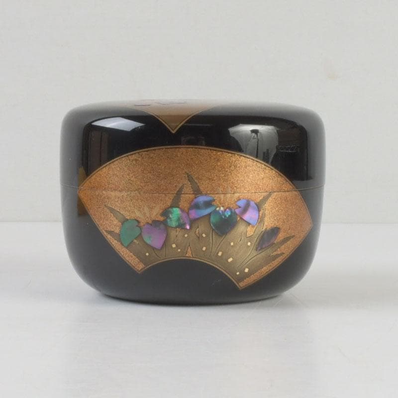 茶道具　高崎秋峰作　螺鈿装飾　扇面蒔絵　内銀溜　平棗　共布共箱　V　9695