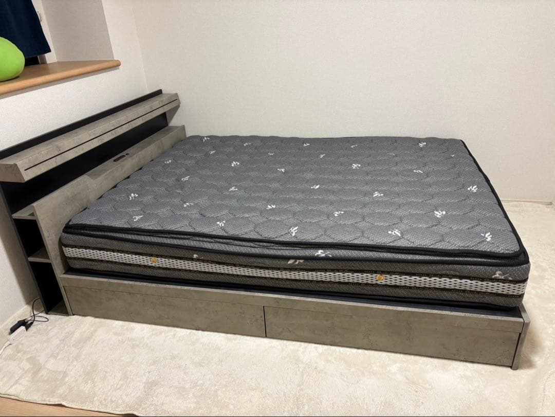 グレー 木製 ワイドダブルベッドフレーム 収納付き