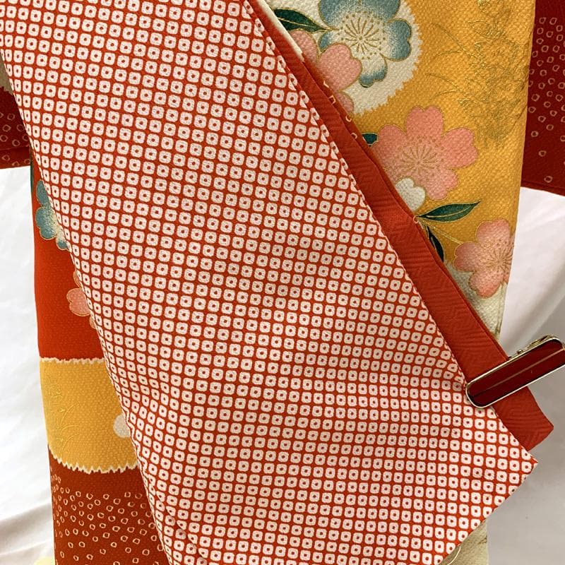 508ag90□七五三 七歳 女児 着物&袋帯 金駒刺繍 蝶 桜□美品