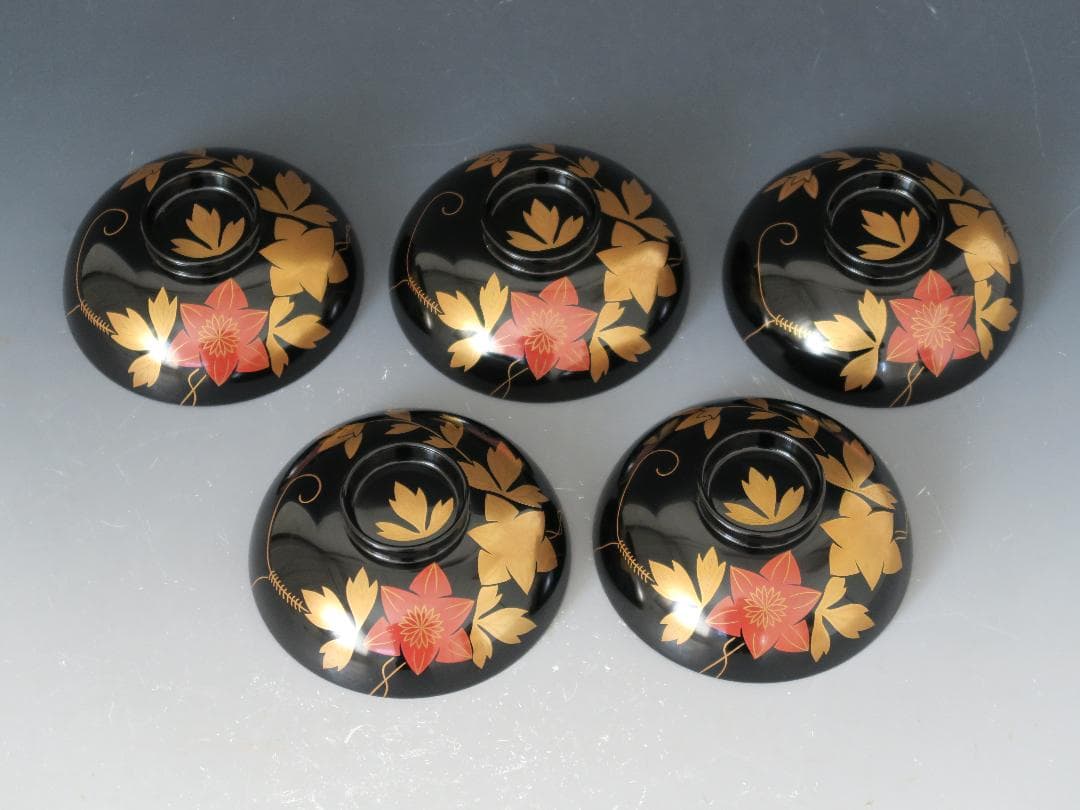 【輪島塗】鉄仙蒔絵 吸物椀 黒塗 見返し蒔絵 五客揃 天然木 共箱