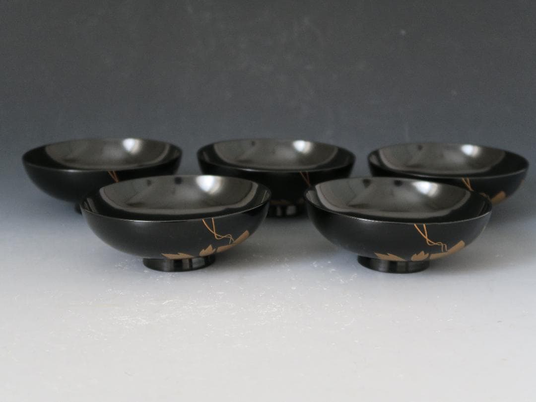 【輪島塗】鉄仙蒔絵 吸物椀 黒塗 見返し蒔絵 五客揃 天然木 共箱