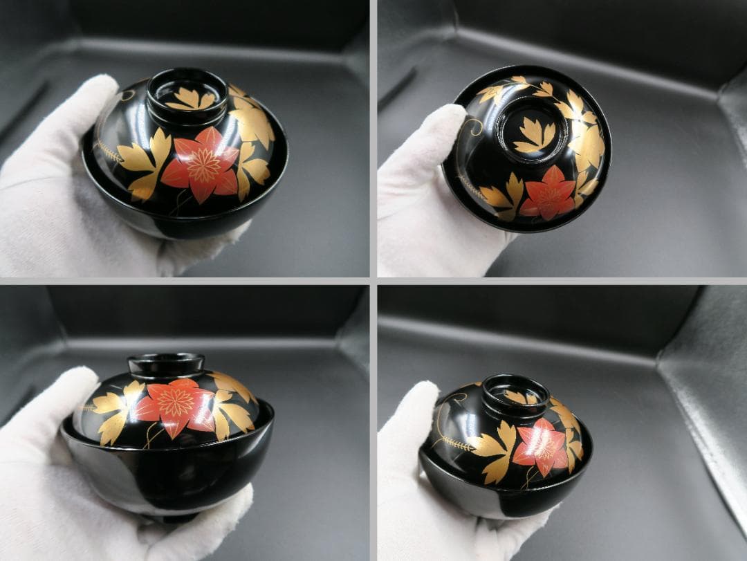 【輪島塗】鉄仙蒔絵 吸物椀 黒塗 見返し蒔絵 五客揃 天然木 共箱