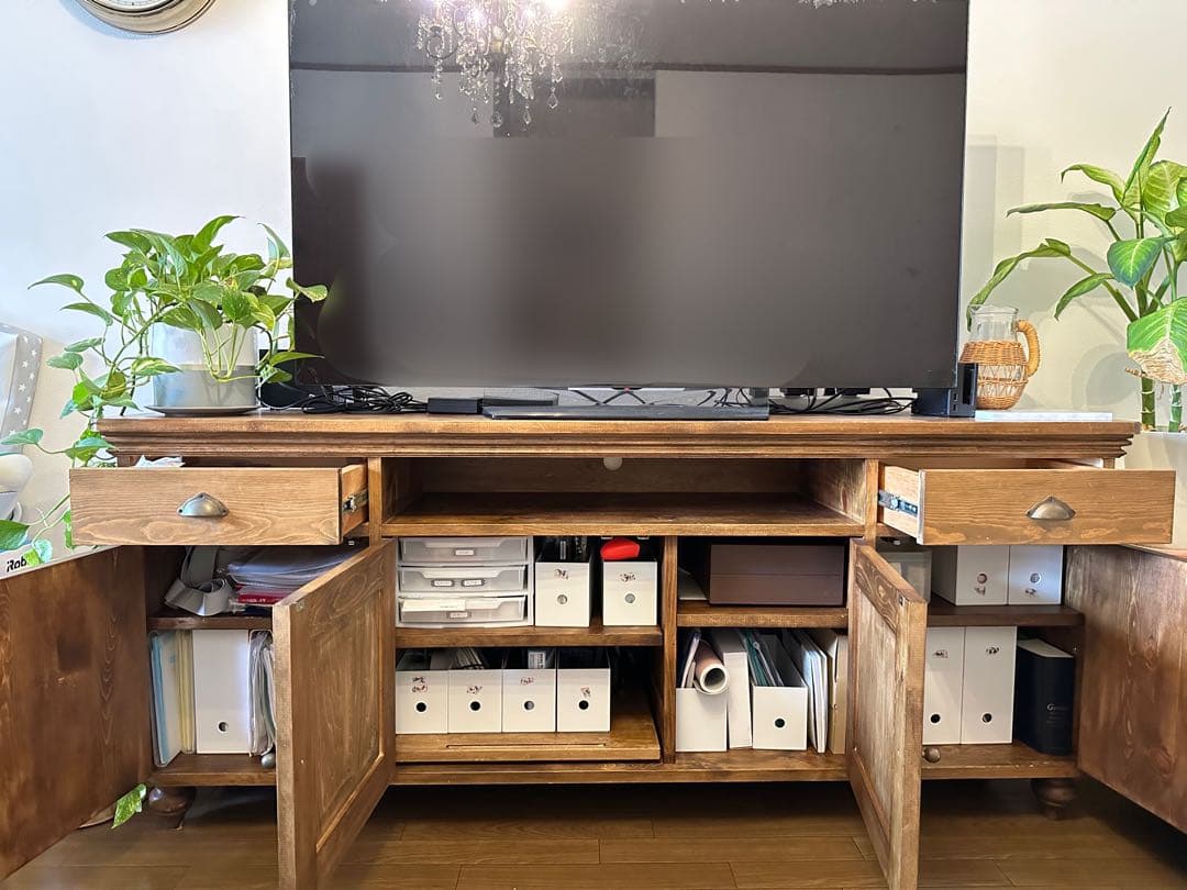 アンティーク風　天然木　プリンターも入るハイタイプテレビ台　キャビネット