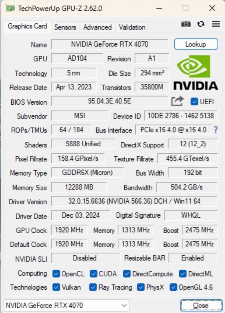 MSI GeForce RTX4070 バルク品　本体のみ