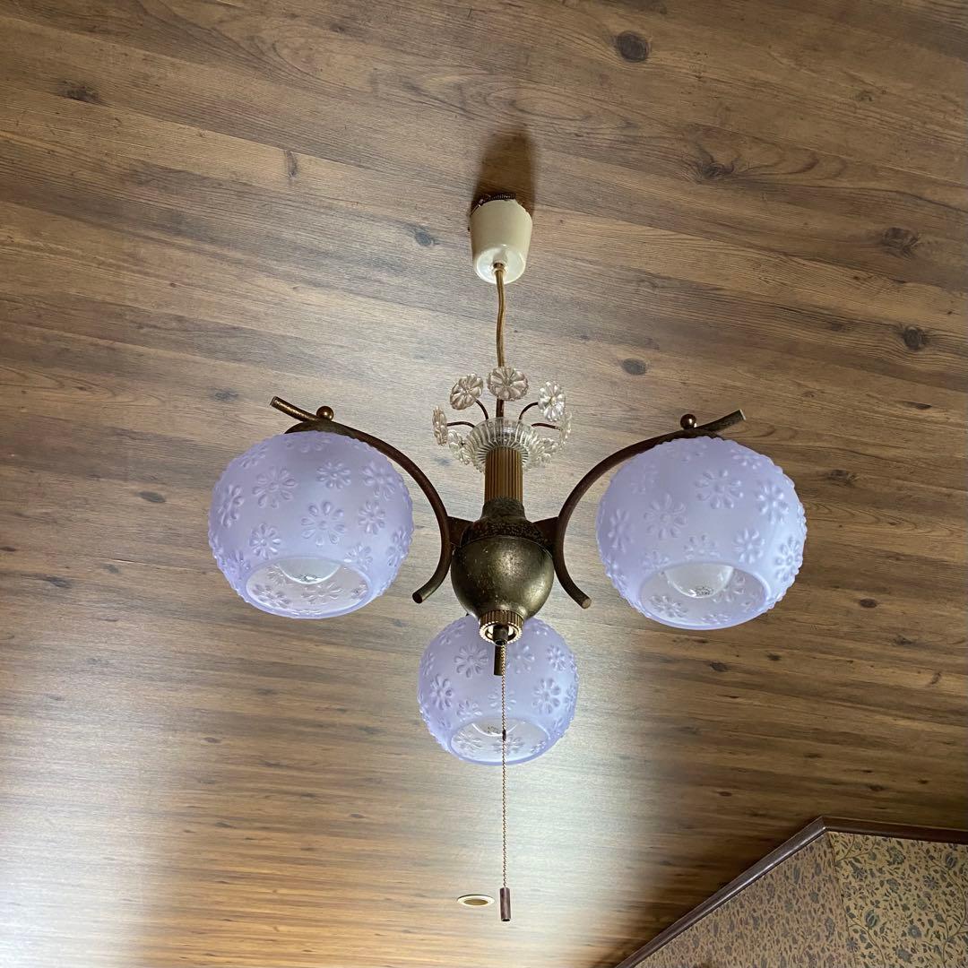 昭和レトロ　ペンダントライト　シャンデリア　花モチーフ　ブルーシェード