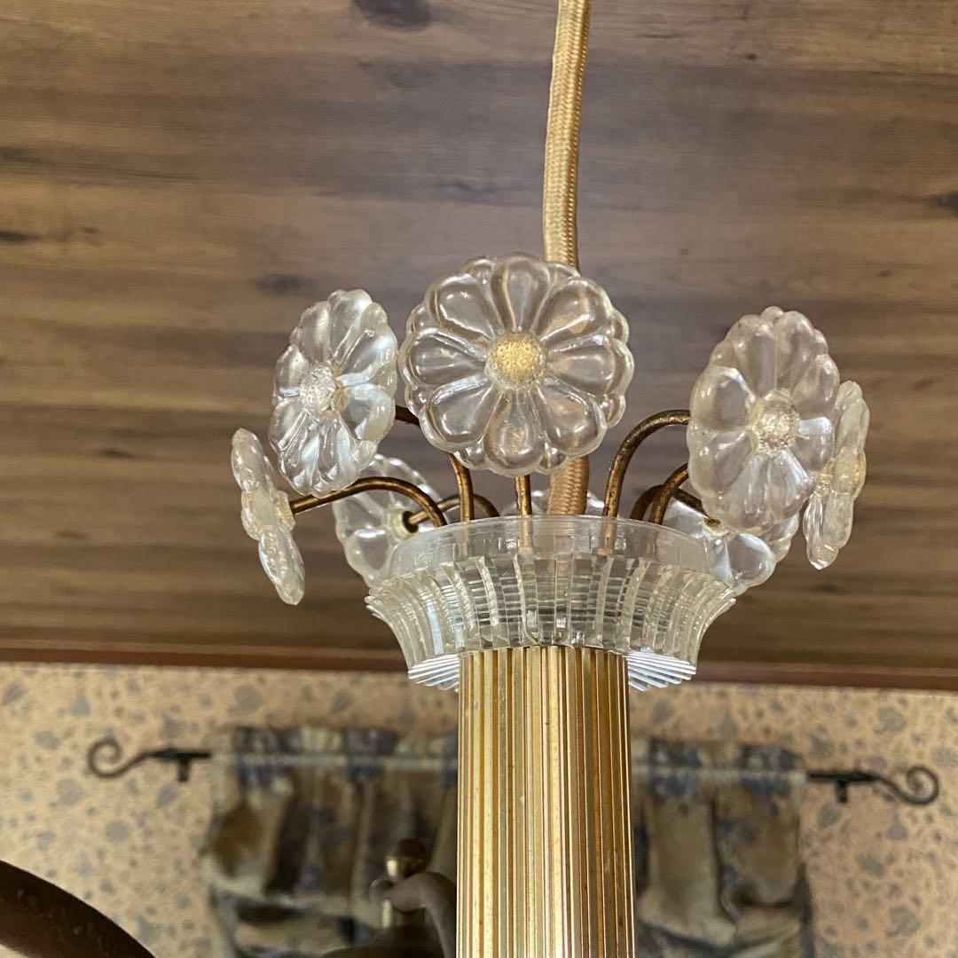 昭和レトロ　ペンダントライト　シャンデリア　花モチーフ　ブルーシェード