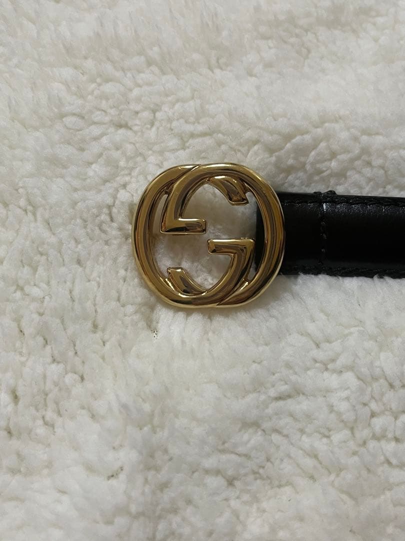 GUCCI グッチ　ブラックレザー ベルト　ゴールド　ダブルGロゴ