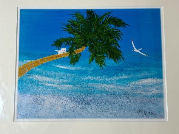 Y【保管品】渡辺あきお　海辺の出会い　ねこ　海　版画　限定　 17/100 レア