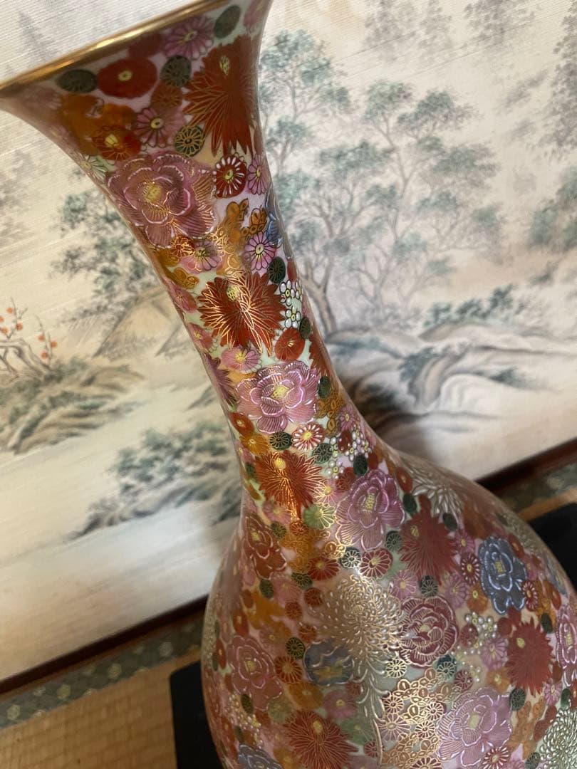 薩摩焼　飾り壺　花瓶　島津家紋入 丸十字　色絵　金彩　高さ46.5㎝ 大型　大壺