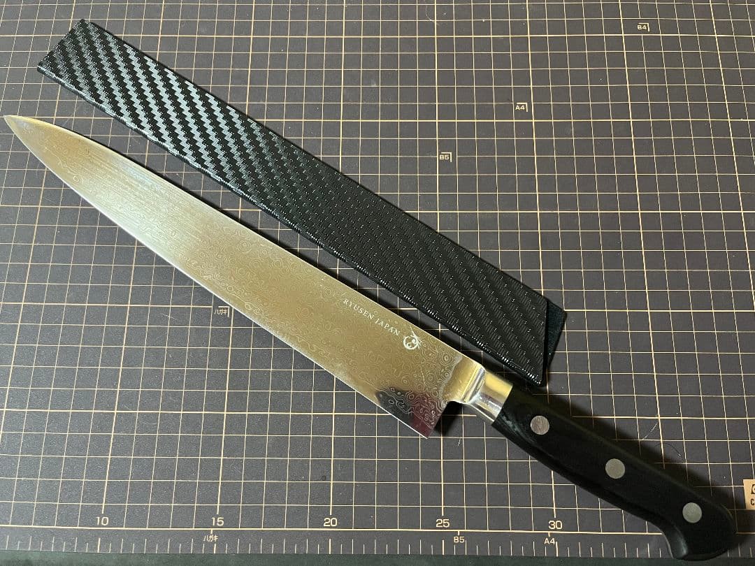 龍泉刃物 梵天雲龍 筋引 包丁 刃渡り27cm V 金10号 ニッケルダマスカス