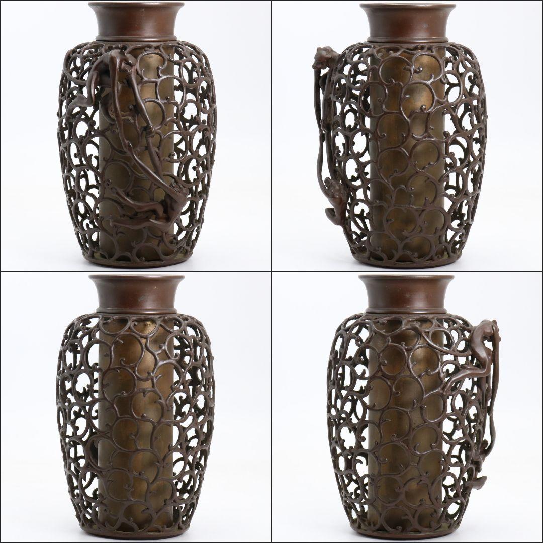 鋳師 金森浄栄作 鋳銅 蝋型 猿文 壷 花入 高岡銅器 共箱　AL826　Z1