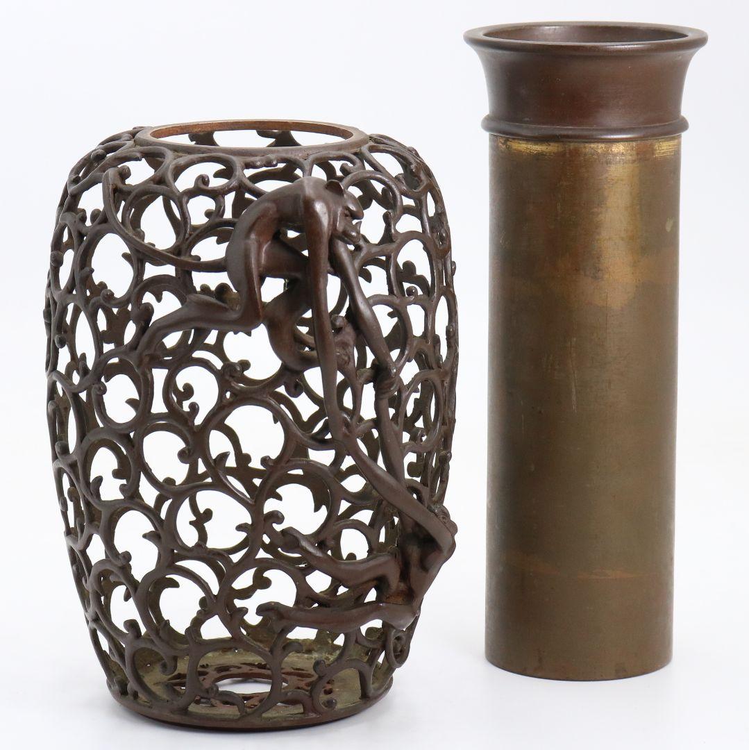 鋳師 金森浄栄作 鋳銅 蝋型 猿文 壷 花入 高岡銅器 共箱　AL826　Z1