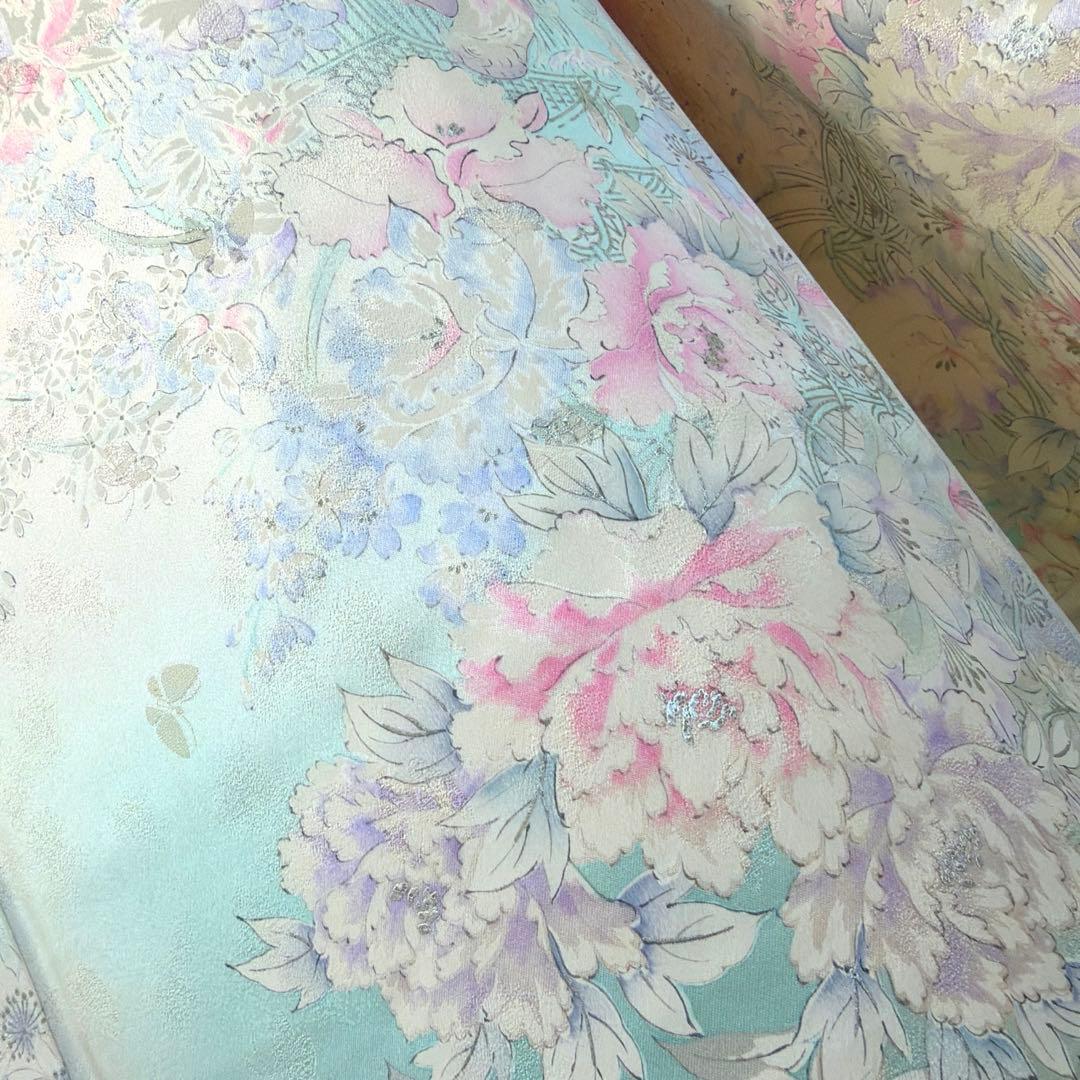 497 振袖フルセット 正絹 ピンク 水色 生成 銀彩 総手書き 暈し染め 蝶