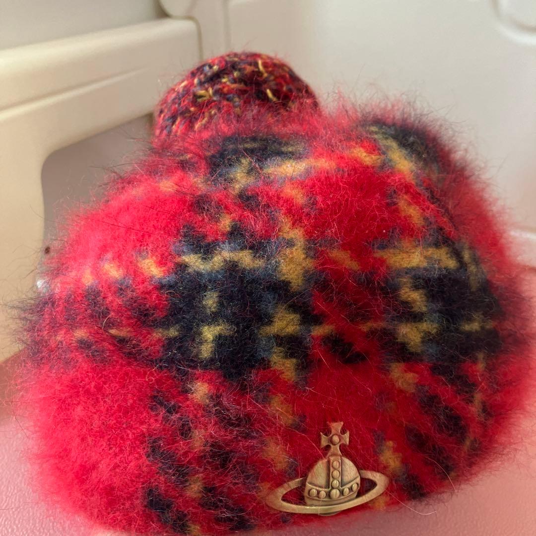 vivienne Westwood ポンポン付き赤黒チェックベレー帽