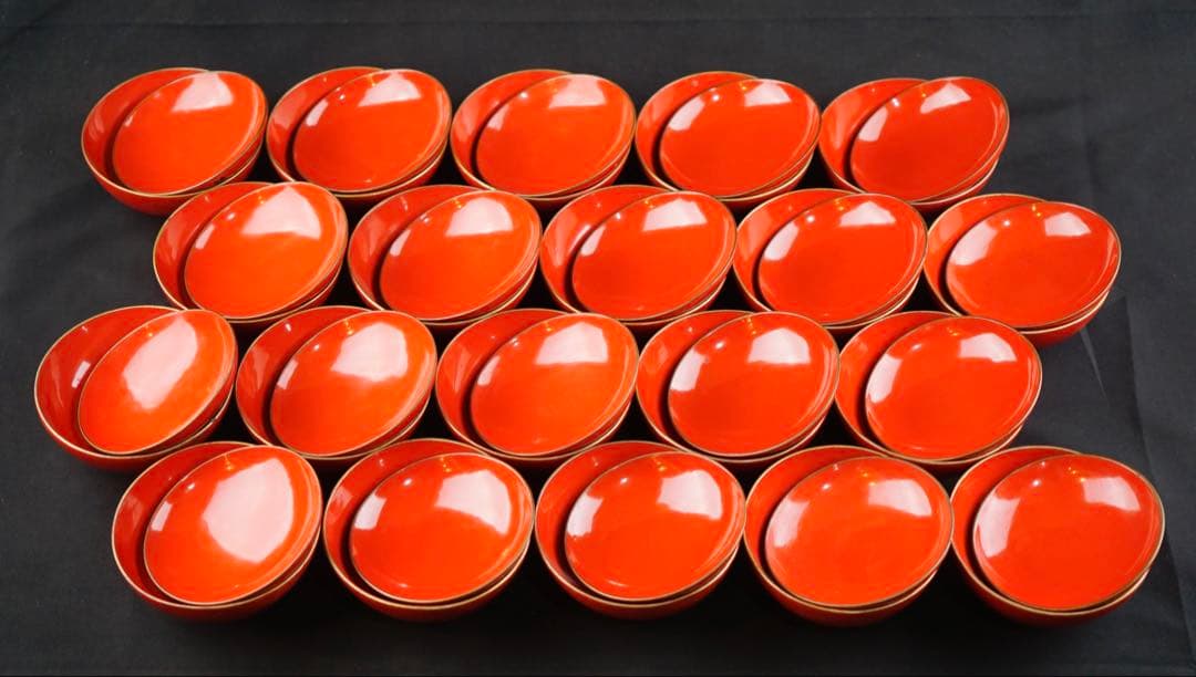 蒔絵　松 鷹紋　朱塗金縁吸物椀　20客　共箱