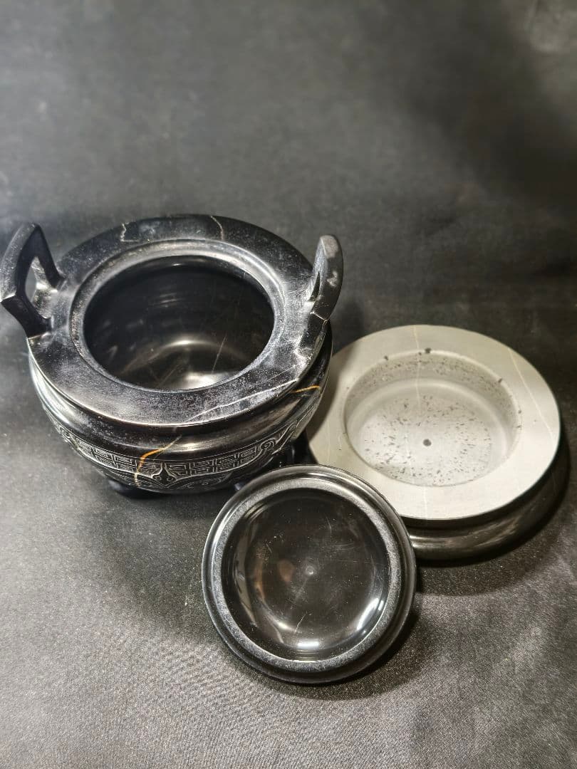 霊壁石香炉 中国名石 獅子摘み 共箱 手彫り置物 茶道具 旧家蔵出 未使用美品